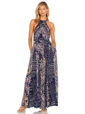 Free People Summer Soiree Navy Printed Halter Jumpsuit